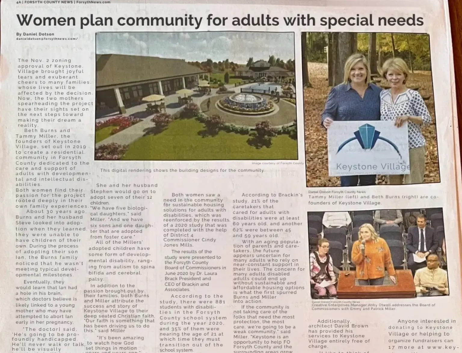 A photograph of a full-page newspaper article from the Forsyth County News titled "Women plan community for adults with special needs". The article highlights co-founders Beth Burns and Tammy Miller, who began the nonprofit Keystone Village in 2019 to create a residential community for adults with developmental and intellectual disabilities.