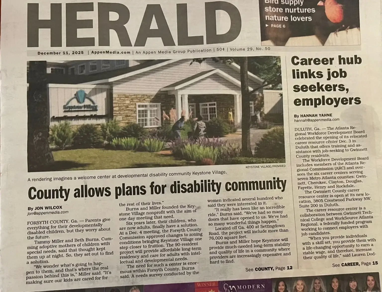 A photograph of the front page of the Forsyth Herald newspaper, dated December 11, 2025. The main headline reads, "County allows plans for disability community," alongside a large architectural rendering of the future Keystone Village welcome center. The article, written by Jon Wilcox, details how the Forsyth County Commission approved zoning changes for the 90-resident project designed to provide long-term care and residency for adults with intellectual and developmental disabilities.
